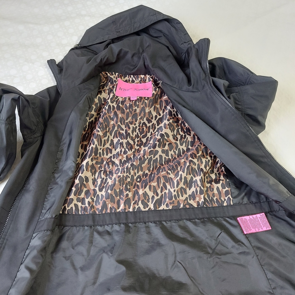 Betsey Johnson Women Hooded Jacket Large Black Zip Up Lined Ruffle Hem Mock Neck - Picture 15 of 16